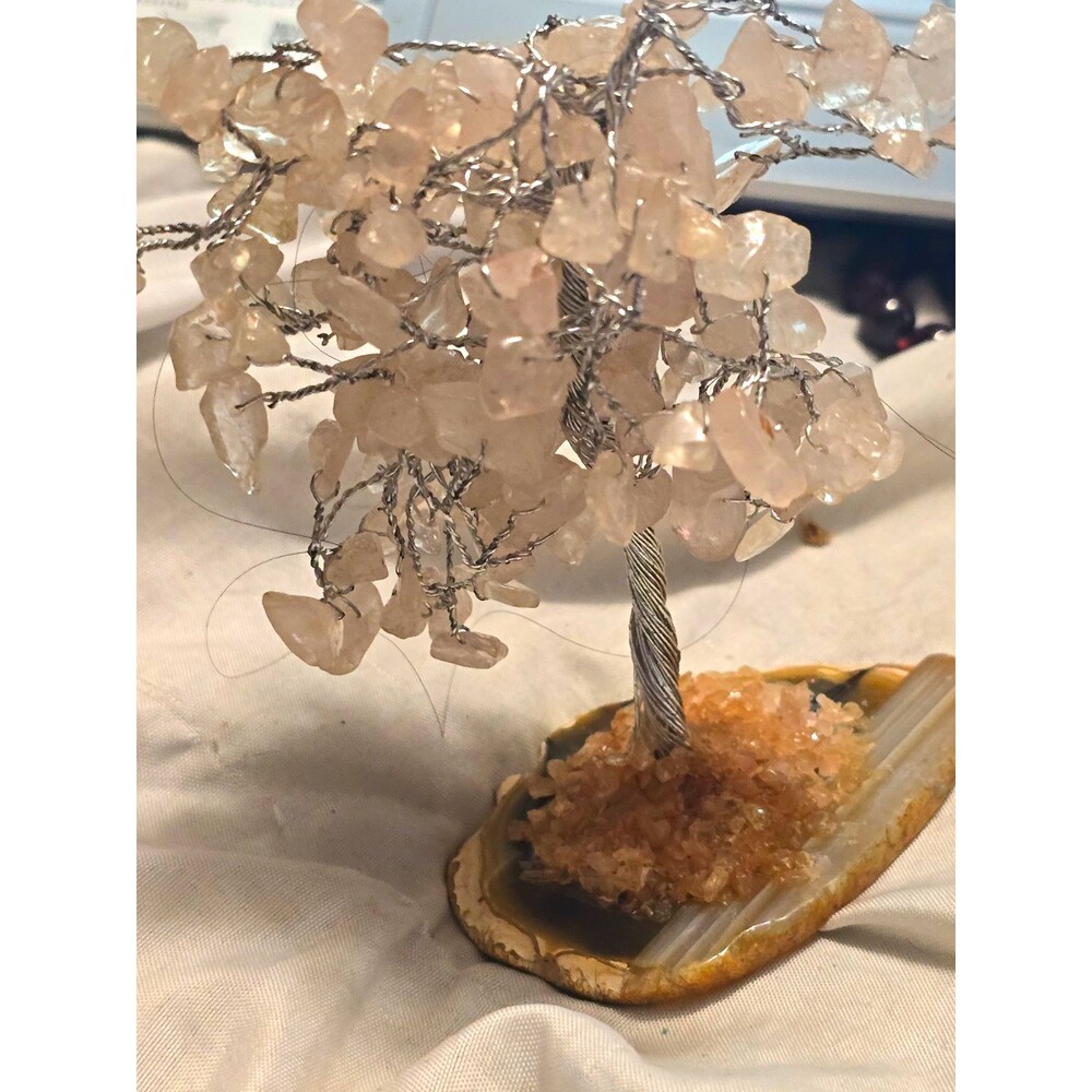 Rose Quartz Crystal Chip Gemstone Wire Tree Decor on Agate Slice Base